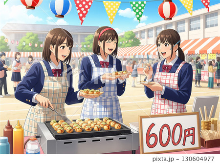 文化祭で賑わう高校の校庭、笑顔でたこ焼きを作る女子高生たち 130604977