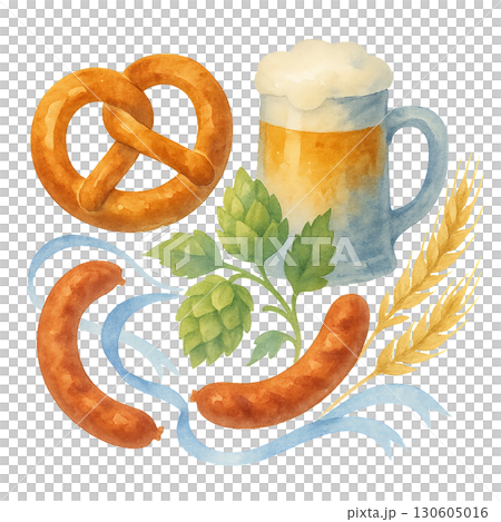 Asymmetric Watercolor Illustration Featuring Pretzel And Stein With Sausages Curving Around Hops And Wheat On Transparent Background 130605016