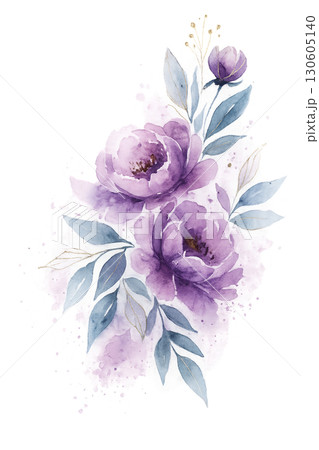 Delicate purple peony bouquet with watercolor splash effect and loose floral elements on transparent background Delicate purple peony bouquet with watercolor splash effect and loose floral elements on transparent background 130605140