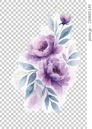 Delicate purple peony bouquet with watercolor splash effect and loose floral elements on transparent background Delicate purple peony bouquet with watercolor splash effect and loose floral elements on transparent background 130605140