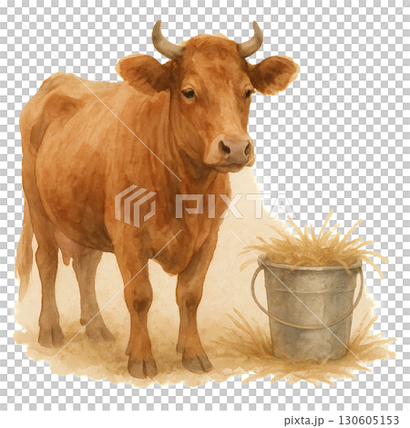Brown dairy cow with calm gaze and soft fur standing beside rustic metal bucket on transparent background PNG 130605153