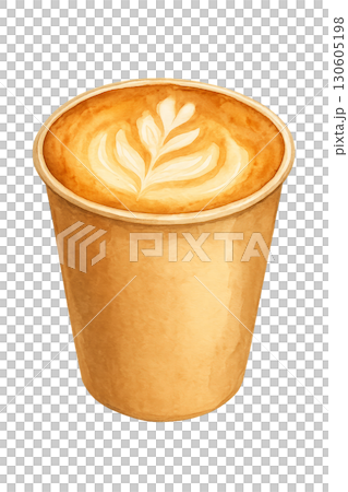 Close up view of a spiced pumpkin flavored latte beverage served in kraft paper to go cup on transparent background 130605198