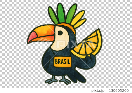 Colorful toucan tourist wearing carnival feather headdress holding fruit slice PNG transparent background with clean lines 130605200