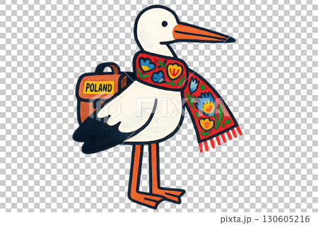 Charming white stork tourist wearing traditional Polish folk Wycinanki scarf on transparent PNG background 130605216