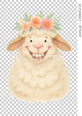 Cheerful fluffy sheep wearing a colorful flower crown and goofy grin PNG image with clean lines on transparent background 130605219