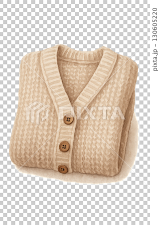 Folded Chunky Knit Cardigan with Wooden Buttons on Transparent Background PNG Showing Cozy Warm Texture Details 130605220