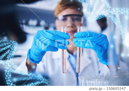 Genetics hologram, science test tube and black woman in laboratory for research, medical study and experiment. Healthcare, pharmaceutical and hands of scientist with liquid, medicine and dna strand 130605247