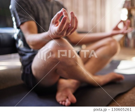 Yoga, lotus hands and man in zen fitness, meditation training and mindfulness, spiritual healing or stress relief. Meditate, holistic workout and calm, relax person for balance and wellness at home 130605261