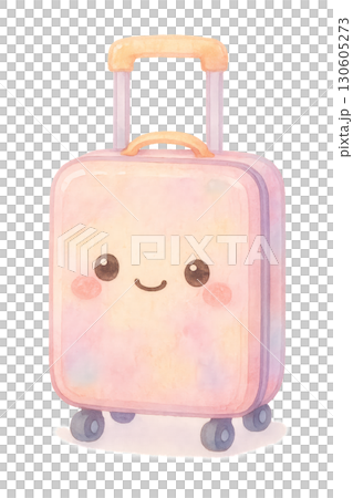 Cheerful pastel colored rolling suitcase with smiling face PNG transparent background illustration 130605273