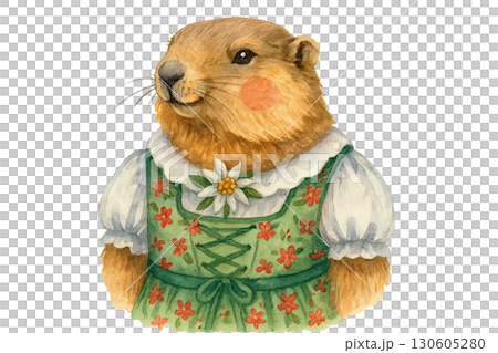 Whimsical alpine marmot wearing floral dirndl with edelweiss brooch rosy cheeks isolated transparent PNG background 130605280