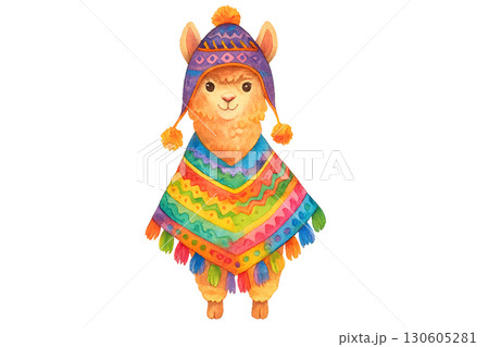 Cheerful watercolor illustration of a colorful Andean alpaca wearing a knitted chullo hat and poncho PNG transparent background isolated 130605281