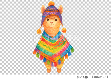 Cheerful watercolor illustration of a colorful Andean alpaca wearing a knitted chullo hat and poncho PNG transparent background isolated 130605281