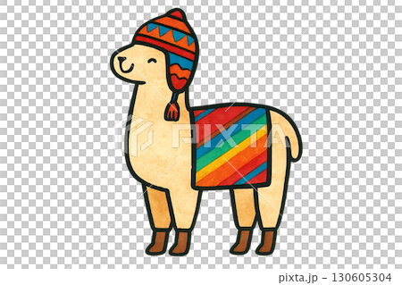 Cute alpaca tourist wearing colorful chullo hat and woven blanket in Peru transparent PNG with clean lines Cute alpaca tourist wearing colorful chullo hat and woven blanket in Peru transparent PNG with clean lines 130605304