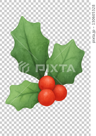 Clean Lines decorative round green holly branch wreath with bright red berries on transparent background illustration 130605328