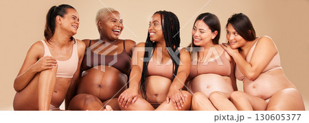 Laughing, bonding and pregnant women sitting on floor in community, diversity support or body wellness. Smile, happy and pregnancy friends in underwear with funny, comedy or comic joke for healthcare Laughing, bonding and pregnant women sitting on floor in community, diversity support or body wellness. Smile, happy and pregnancy friends in underwear with funny, comedy or comic joke for healthcare 130605377