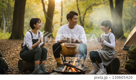 キャンプ場で焚き火を囲んでホットドリンクを飲む家族 130605420