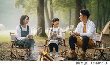キャンプ場で焚き火を囲んでホットドリンクを飲む家族 130605421