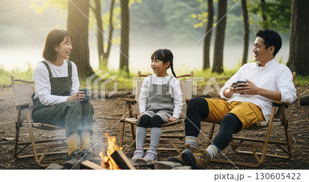 キャンプ場で焚き火を囲んでホットドリンクを飲む家族 130605422