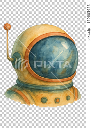 Clean Lines Watercolor mid century reflective space exploration helmet PNG with transparent background 130605428
