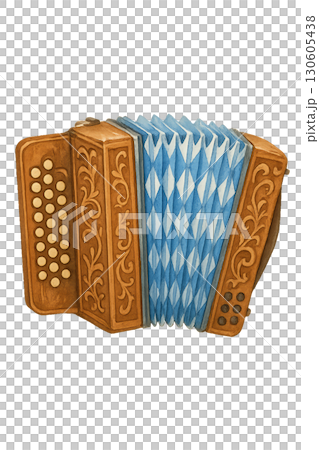 Traditional Bavarian Accordion Instrument with Carved Wood Details and Blue White Checkered Pattern on Transparent Background PNG 130605438