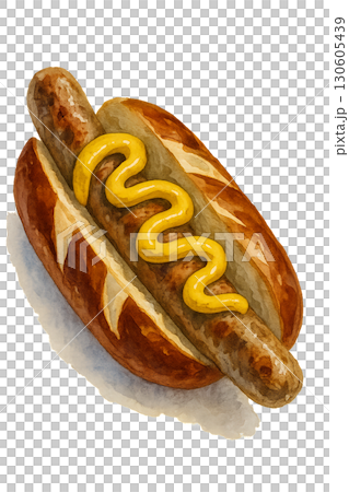 Close up of grilled bratwurst sausage in a pretzel roll topped with mustard swirl on transparent background PNG overlay 130605439