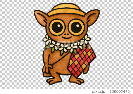 Charming small tarsier tourist wearing traditional banig weave scarf and sampaguita garland PNG transparent background 130605470