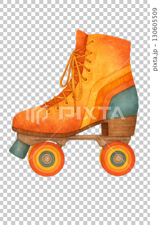 Colorful Retro Roller Skate With Rainbow Wheels PNG Clean Lines Illustration On Transparent Background With Watercolor Texture 130605509