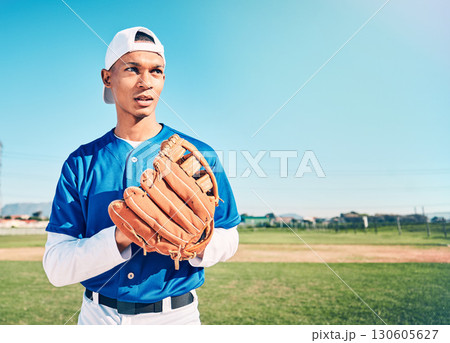 Mockup, baseball and man with glove, fitness and ready for game, confident and focus outdoor. Male athlete, gentleman and player with uniform, training and playing with endurance and determination 130605627