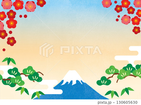 朝焼けの富士山と松と梅 130605630