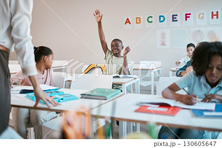 Question, school and education with a black boy student hand raised in a classroom to ask or answer his teacher. Kids, asking and learning with a young male child in class to study for growth Question, school and education with a black boy student hand raised in a classroom to ask or answer his teacher. Kids, asking and learning with a young male child in class to study for growth 130605647