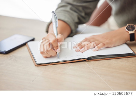 Woman hands, writing and notebook for planning schedule, agenda or list with a pen on an office table. Book, planner or journal with creative ideas, strategy or goals as inspiration for writer person Woman hands, writing and notebook for planning schedule, agenda or list with a pen on an office table. Book, planner or journal with creative ideas, strategy or goals as inspiration for writer person 130605677