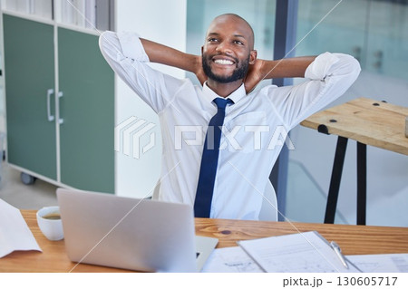 Business laptop, black man and relax in office after finishing project or complete task. Break, thinking or male worker resting after hard work, writing email or planning finance strategy in company 130605717