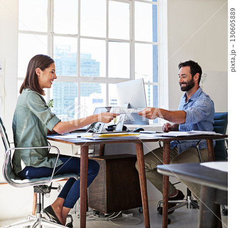 Collaboration, sharing and man and woman at creative agency, team planning and working together on startup project. Teamwork, computer and web, employees or happy business people at design office. 130605889