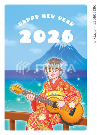 年賀状2026-富士山の前でギターを弾く着物姿の女の子 130605890