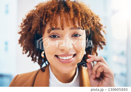 Call center, face and smile portrait of black woman for customer service, sales or crm in office. Person working as consultant or agent in telemarketing, support or help desk with microphone to talk 130605893