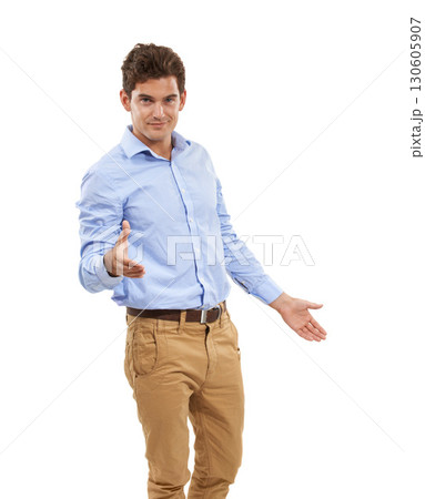 Studio, portrait and man with handshake gesture for investment deal, b2b contract or business agreement. Human resources, lawyer hiring welcome and HR manager hand shake isolated on white background Studio, portrait and man with handshake gesture for investment deal, b2b contract or business agreement. Human resources, lawyer hiring welcome and HR manager hand shake isolated on white background 130605907