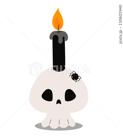 Halloween. Creepy Skull Candle Holder with Black Candle and Spider. Vector illustration perfect for dark gothic or festive seasonal design. Not AI 130605940