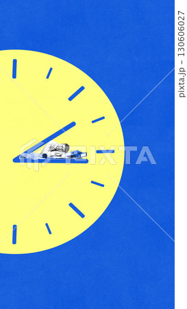 Contemporary artwork. Businessman sleeping on clock hand with yellow clock face on blue background 130606027