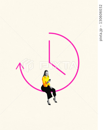 Woman sitting on arrow shaped clock line while using phone in surreal business composition 130606032
