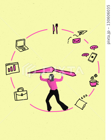 Creative collage. Woman holding giant clock hands surrounded by daily routine icons on yellow background 130606035