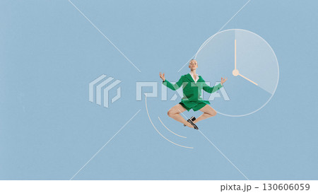 Digital artwork. Woman in green jacket jumping in air with large transparent clock on blue background 130606059