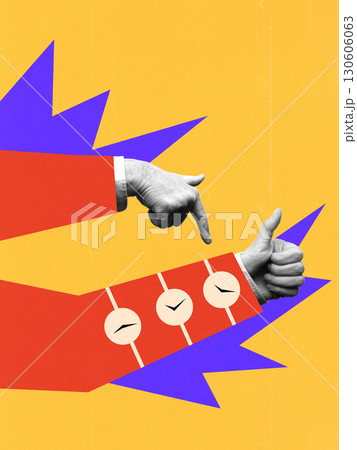 Colorful collage. Hand in red sleeve with multiple clock designs pointing at thumb up on yellow background Colorful collage. Hand in red sleeve with multiple clock designs pointing at thumb up on yellow background 130606063