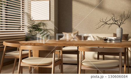 Set of a wooden table and armchairs next to window with bright sunlight. Cosy library or study room. 130606084
