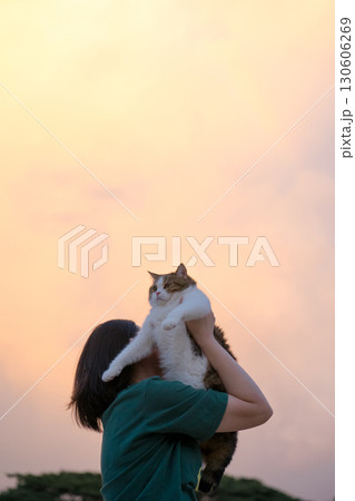 summer and new year travel concept with woman play and holding scottish cat with twilight sky background 130606269