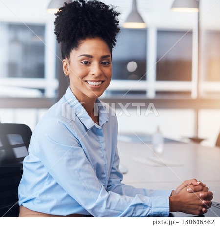 Black woman, business face and portrait in office with pride for career or job as leader. Young entrepreneur person happy about growth, development and mindset to grow corporate company at desk 130606362