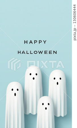 Cute ghost figures with surprised expressions against a soft blue background, conveying a playful Halloween spirit and festive atmosphere 130606444