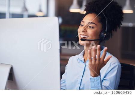 Call center, customer service and b2b with a black woman consultant working in her communication office. Contact us, telemarketing and consulting with a female employee at work using a headset 130606450