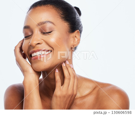 Beauty, skincare and face of a happy woman in studio for dermatology, cosmetics and natural soft skin. Aesthetic model person with luxury spa facial and healthy glow isolated on a white background 130606598