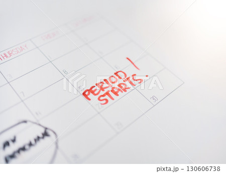 Period, cycle and note on a calendar for menstruation, monthly schedule and date for time of month. Agenda, information and reminder of an important day for health, sickness and feminine care Period, cycle and note on a calendar for menstruation, monthly schedule and date for time of month. Agenda, information and reminder of an important day for health, sickness and feminine care 130606738