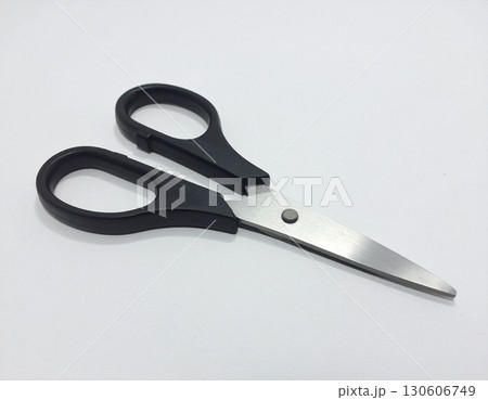 Black Handle Stainless Steel Scissors on White Background 130606749